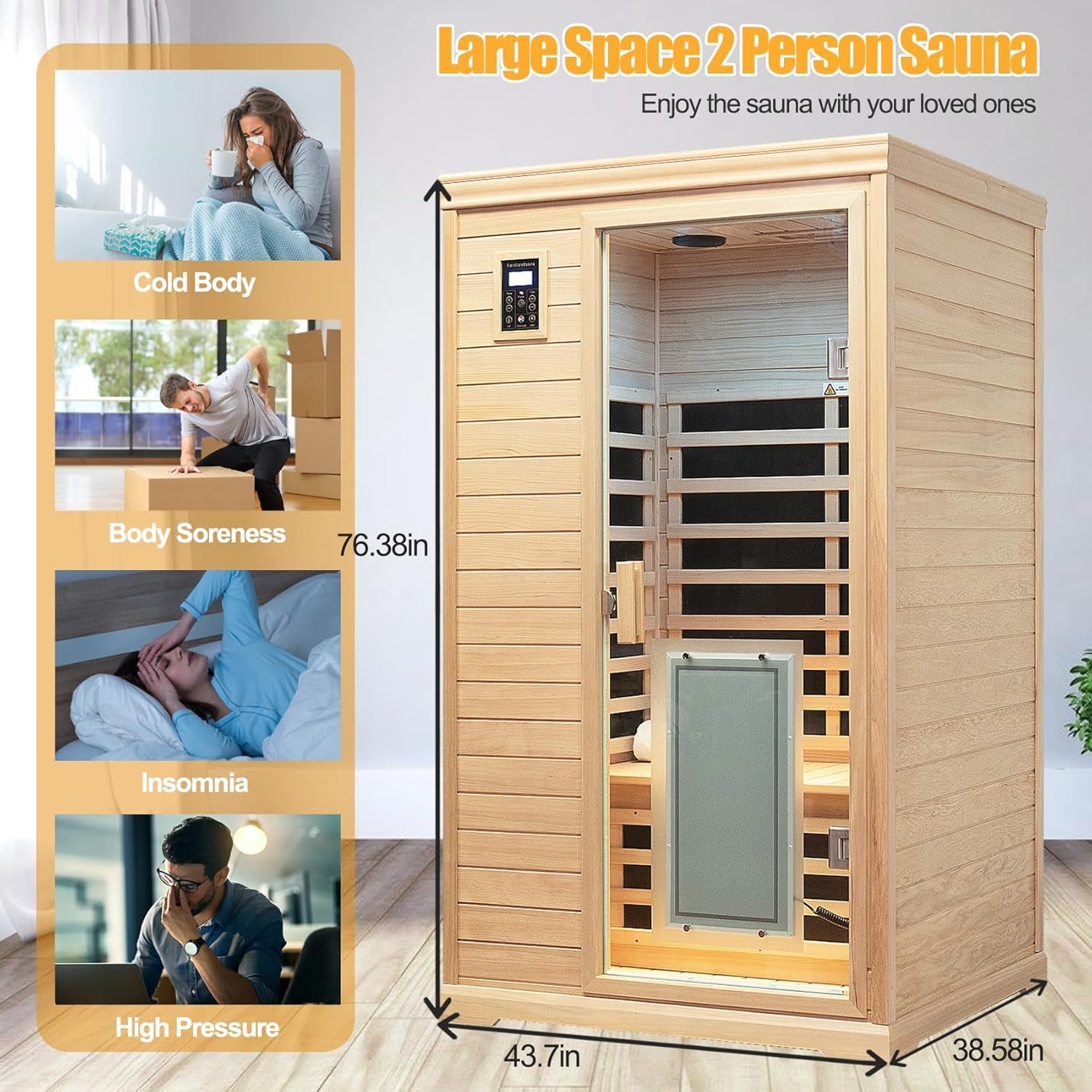 Low EMF Indoor Sauna, Infrared Sauna for Home, 2 Person Infrared Sauna, Canadian Hemlock, 9 Low EMF Heaters, 2 Chromotherapy Lights, 2 Bluetooth Speakers, 1 LED Reading Lamp, 1750W