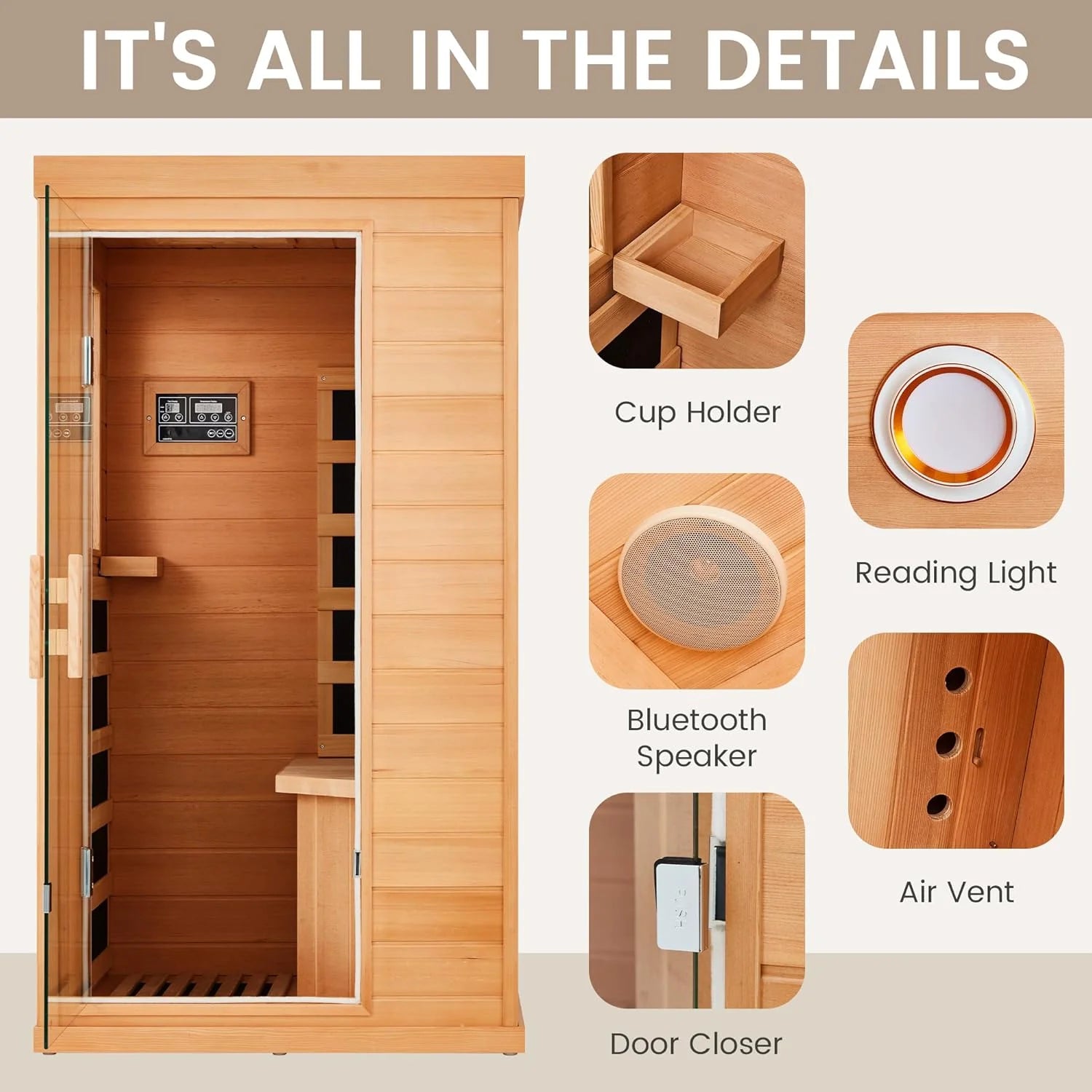 Single Infrared Full Spectrum Sauna, Indoor Wooden Dry Sauna, with 4 Heater Panels, Bluetooth and Tempered Glass