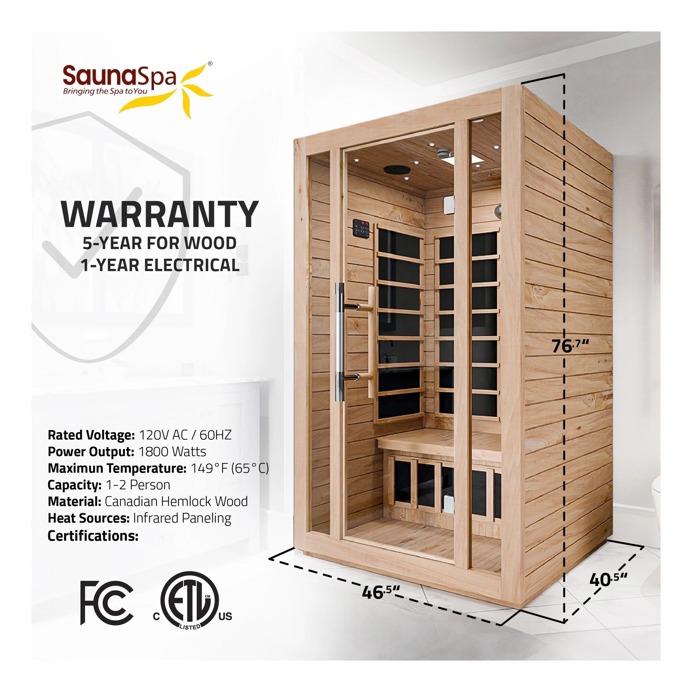 Maldives 2-Person Indoor Hemlock Wooden Low EMF Carbon FAR Infrared Home Sauna Room with LED Touch Control Panel