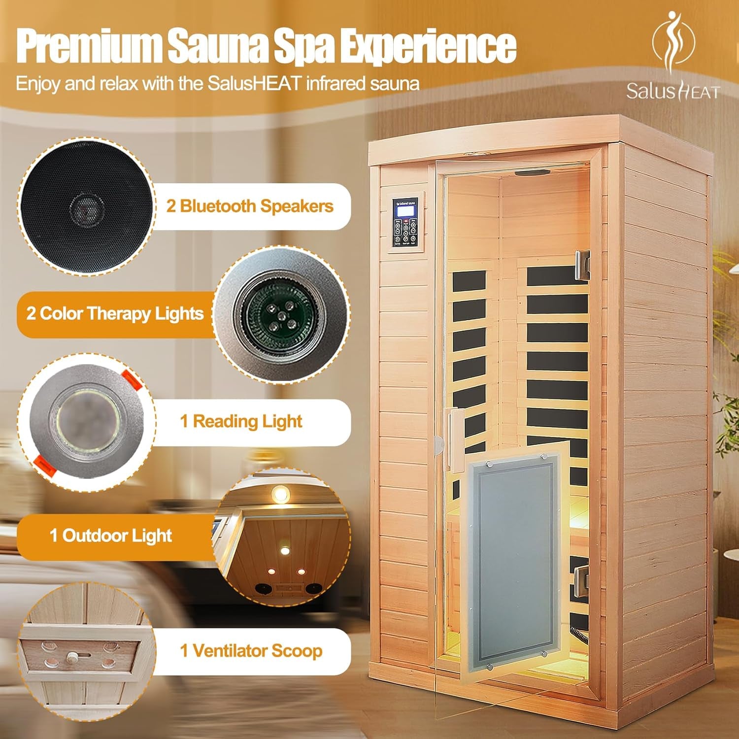 Far Infrared Sauna 1 Person Infrared Home Sauna Room 0-5Mg Utra Low EMF Home Sauna Spa 1460W Canadian Hemlock Wooden Indoor Dry Sauna with Door Heating Plate, 2 Control Panels