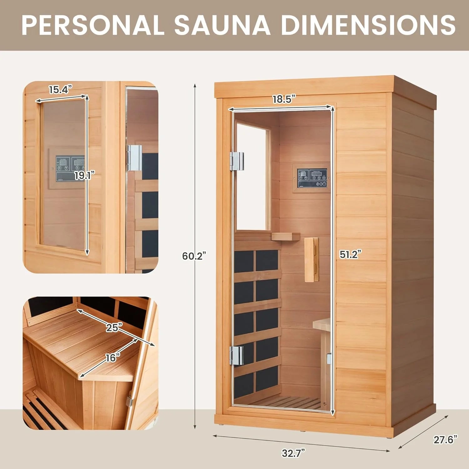 Single Infrared Full Spectrum Sauna, Indoor Wooden Dry Sauna, with 4 Heater Panels, Bluetooth and Tempered Glass