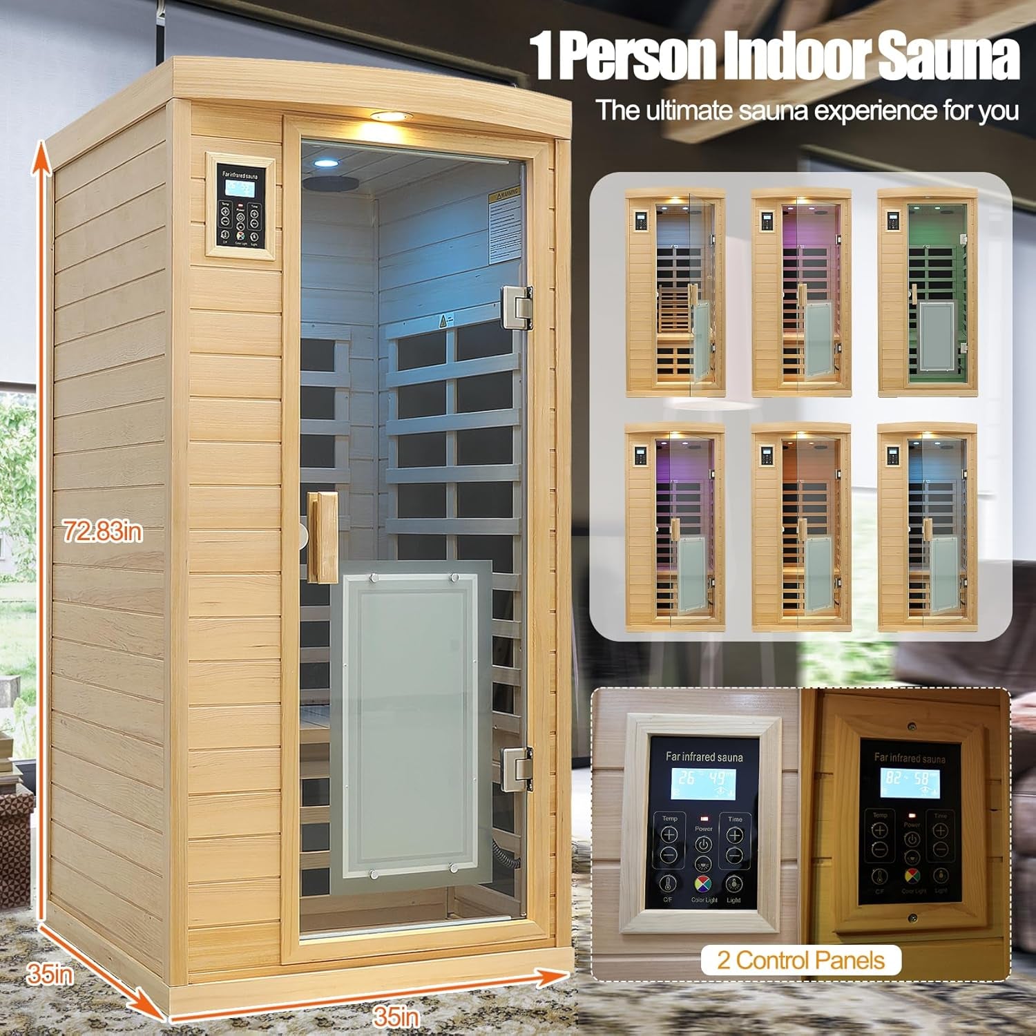 Far Infrared Sauna 1 Person Infrared Home Sauna Room 0-5Mg Utra Low EMF Home Sauna Spa 1460W Canadian Hemlock Wooden Indoor Dry Sauna with Door Heating Plate, 2 Control Panels
