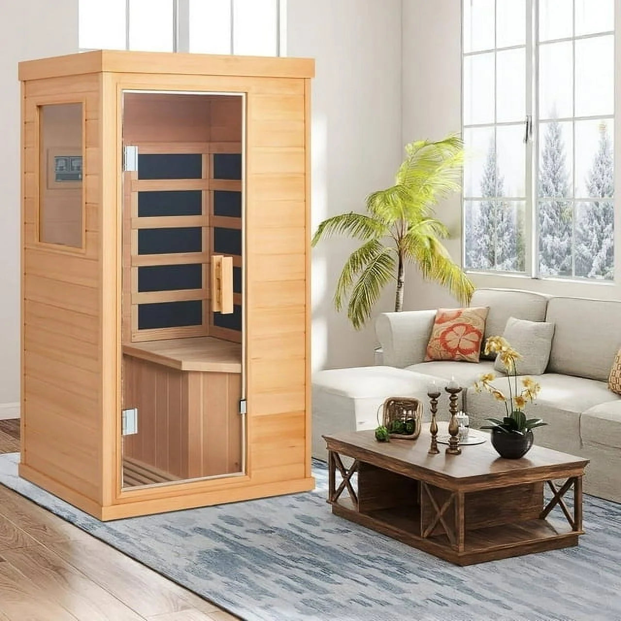 Single Infrared Full Spectrum Sauna, Indoor Wooden Dry Sauna, with 4 Heater Panels, Bluetooth and Tempered Glass