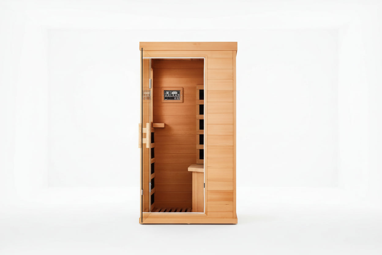 Single Infrared Full Spectrum Sauna, Indoor Wooden Dry Sauna, with 4 Heater Panels, Bluetooth and Tempered Glass