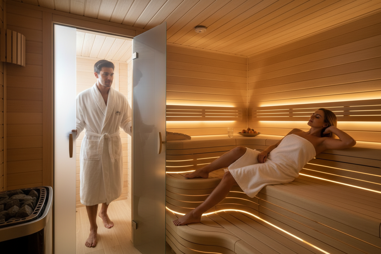 a young man walking into their personal sauna to join his young wife, who's already lying down in the sauna