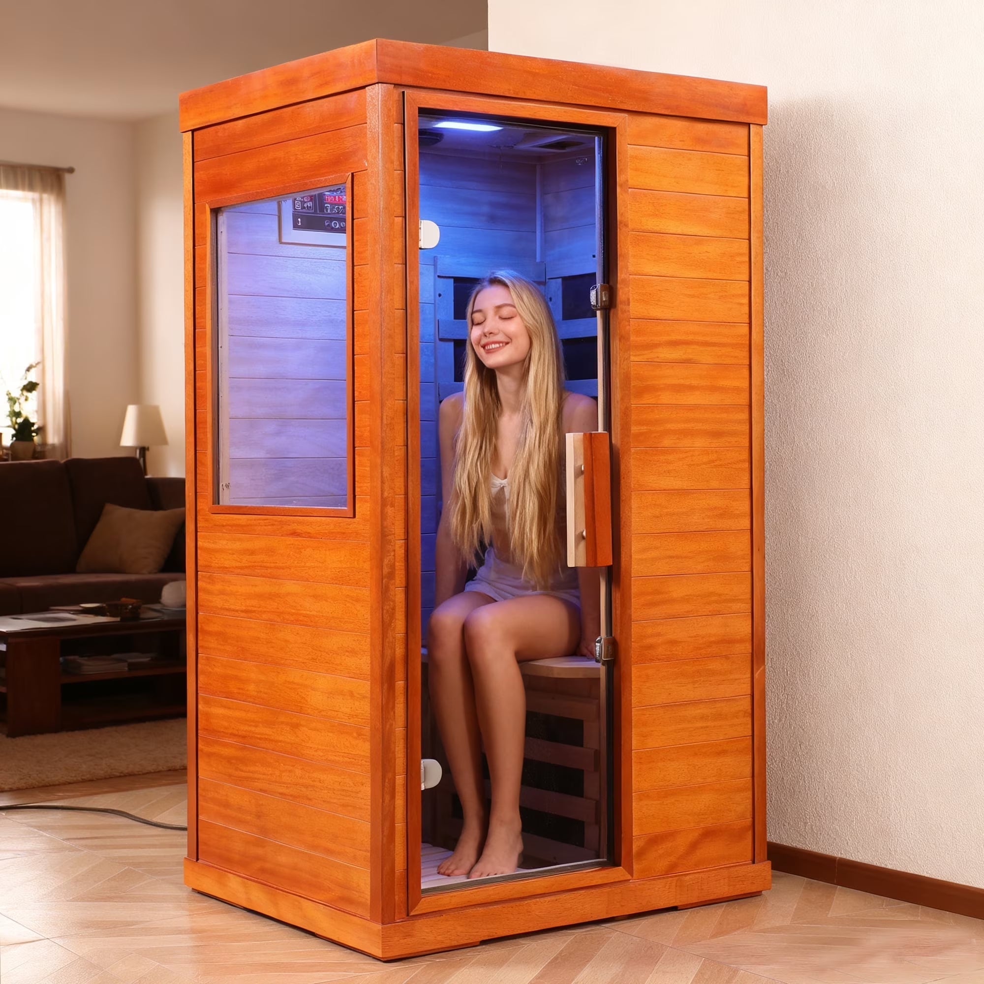 Sauna for Home, 1120W Far Infrared Sauna for Single Person, 360°Heating Sauna Room with Independent Floor Heating, Speakers, Colorful Ambience Light, 77-140℉, US Warehouse Delivery