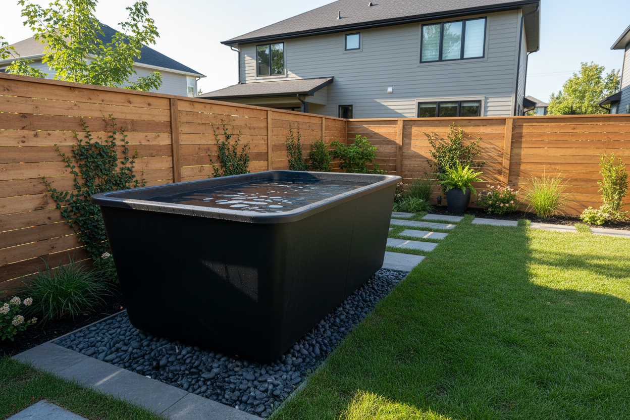 Realistic black cold plunge in the backyard of a house